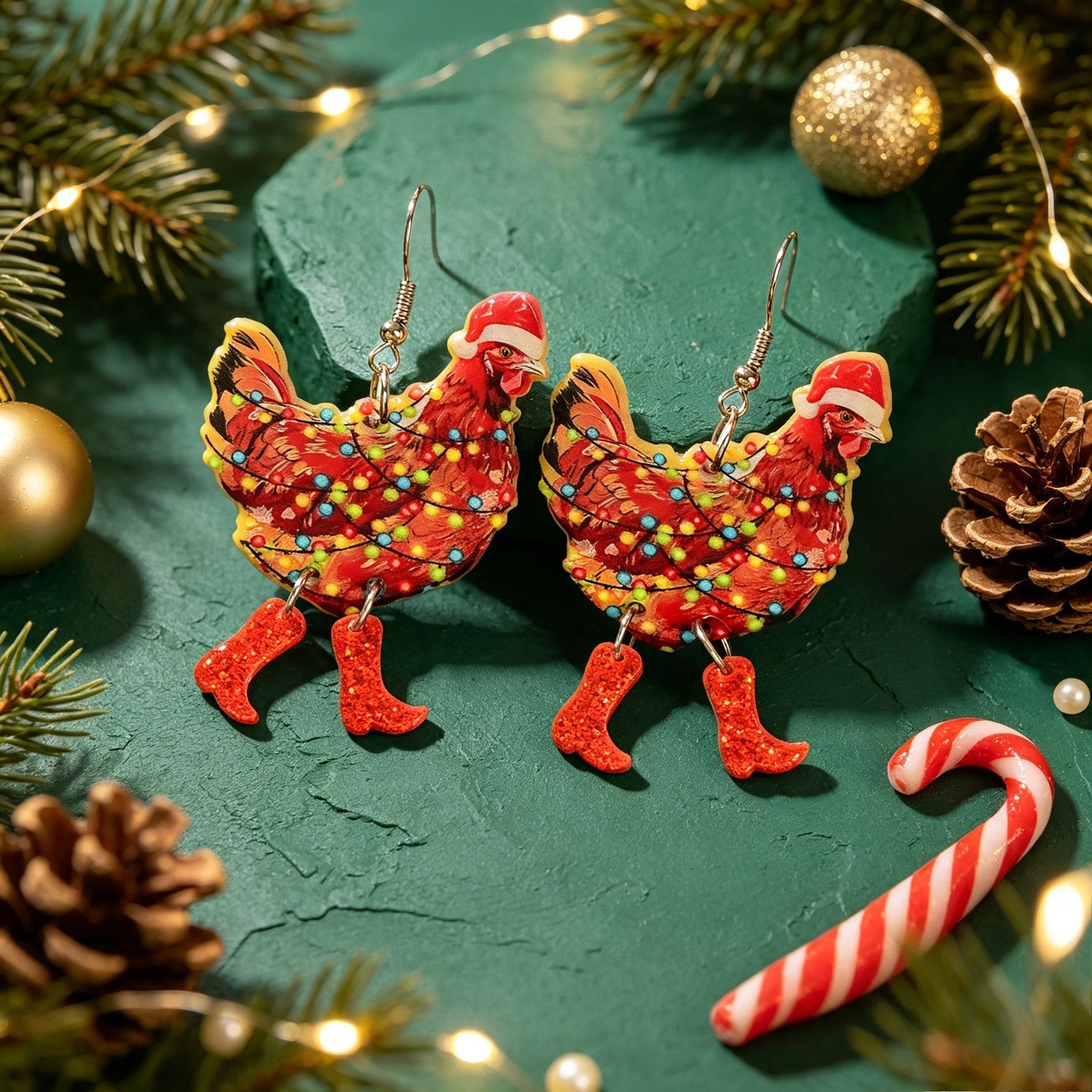 Christmas Chicken Dangle Earrings Santa Hat Red Boots Colorful Light Decor Funny Animal Jewelry-3