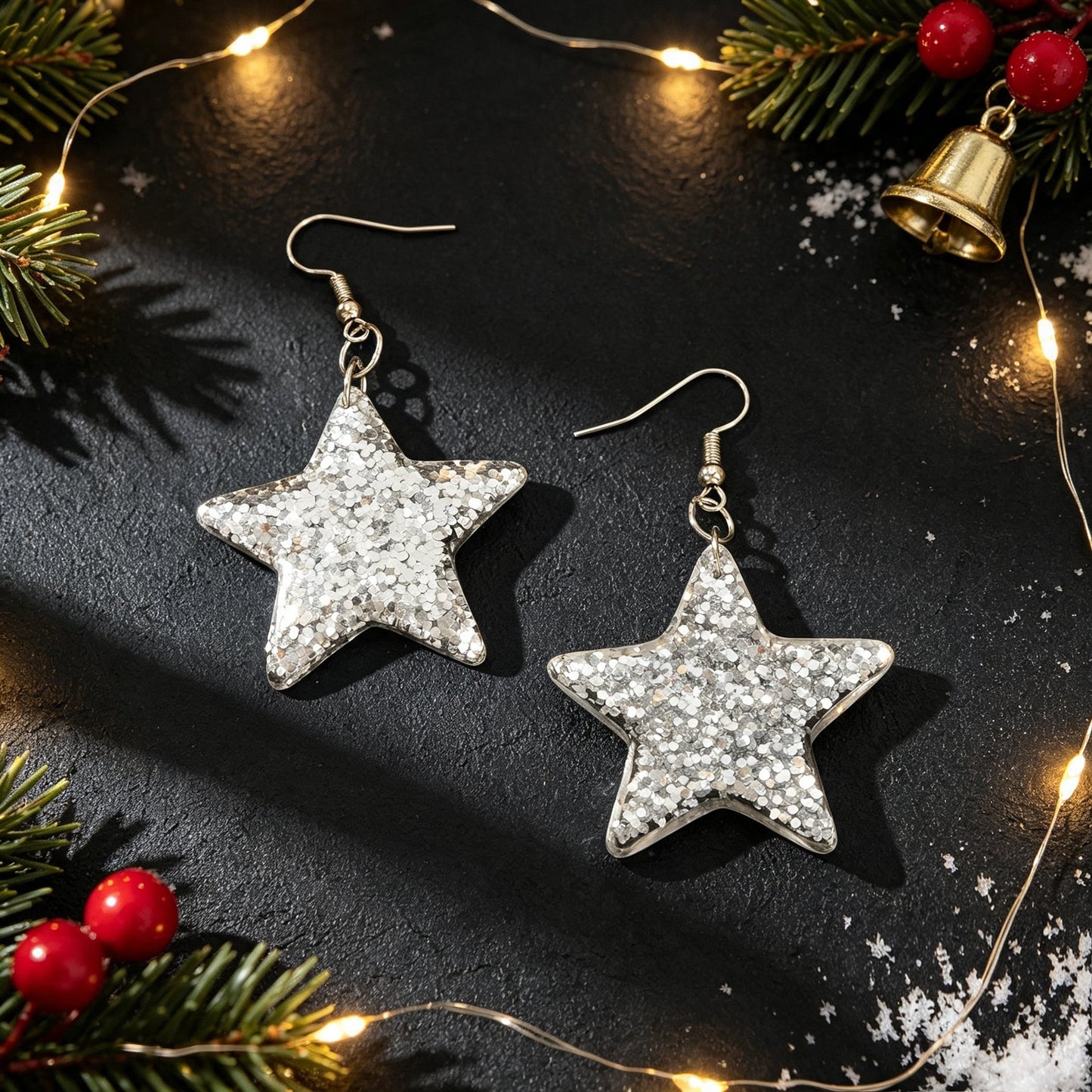 Xmas Silver Glitter Star Hook Dangle Earring Christmas Trendy Party Jewelry Gift-2