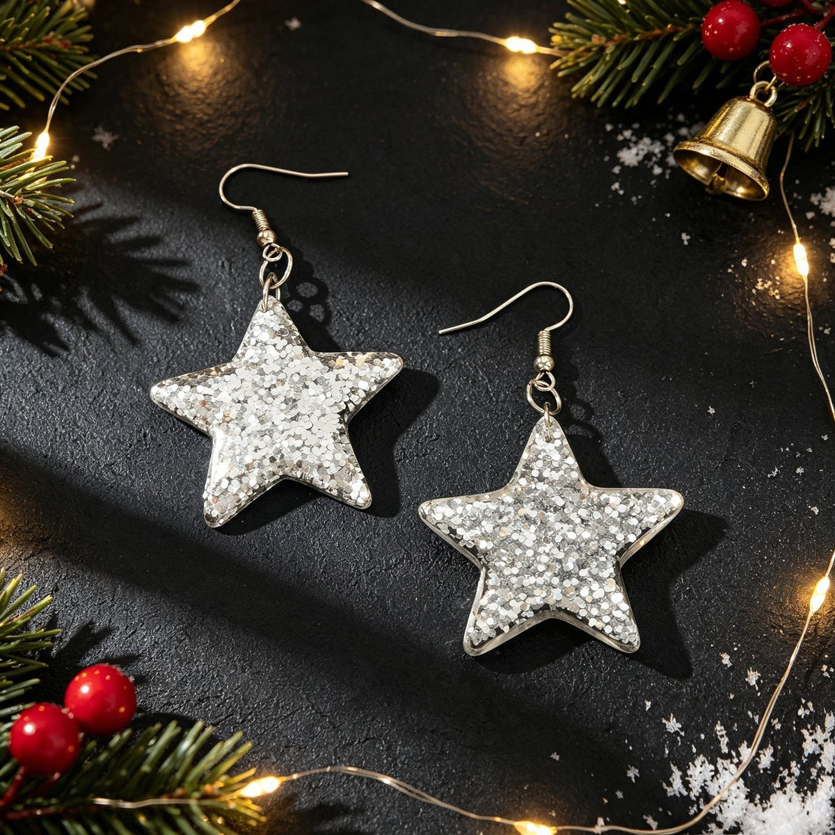 Xmas Silver Glitter Star Hook Dangle Earring Christmas Trendy Party Jewelry Gift-2