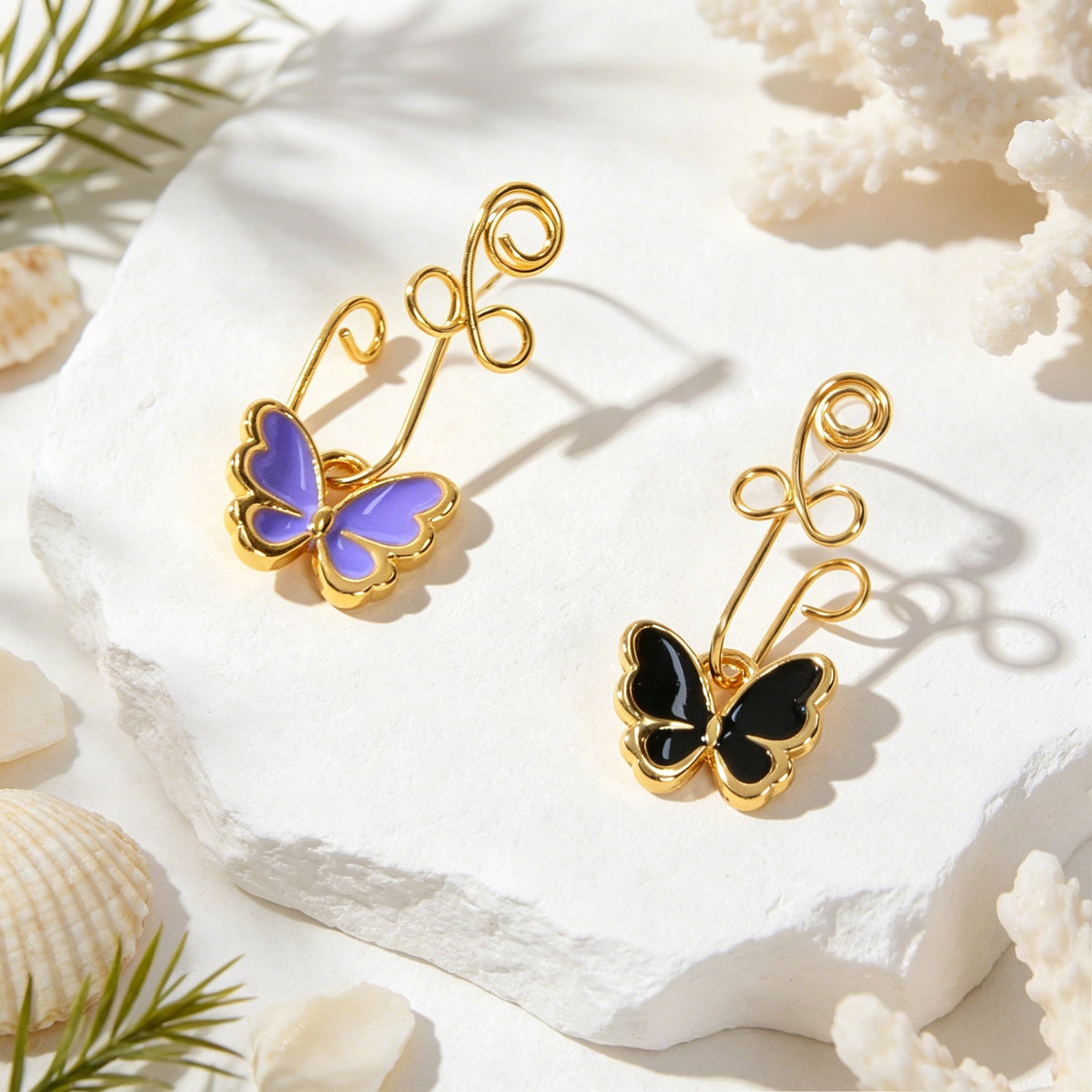Trendy Enamel Butterfly Dangle Ear Cuffs No Piercing Gold Non-Pierced Ear Clips-2