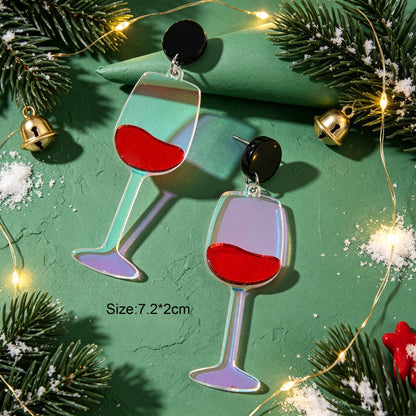 Unique Wine Glass Christmas Dangle Earrings Personality Fun Xmas Party Jewellery-2