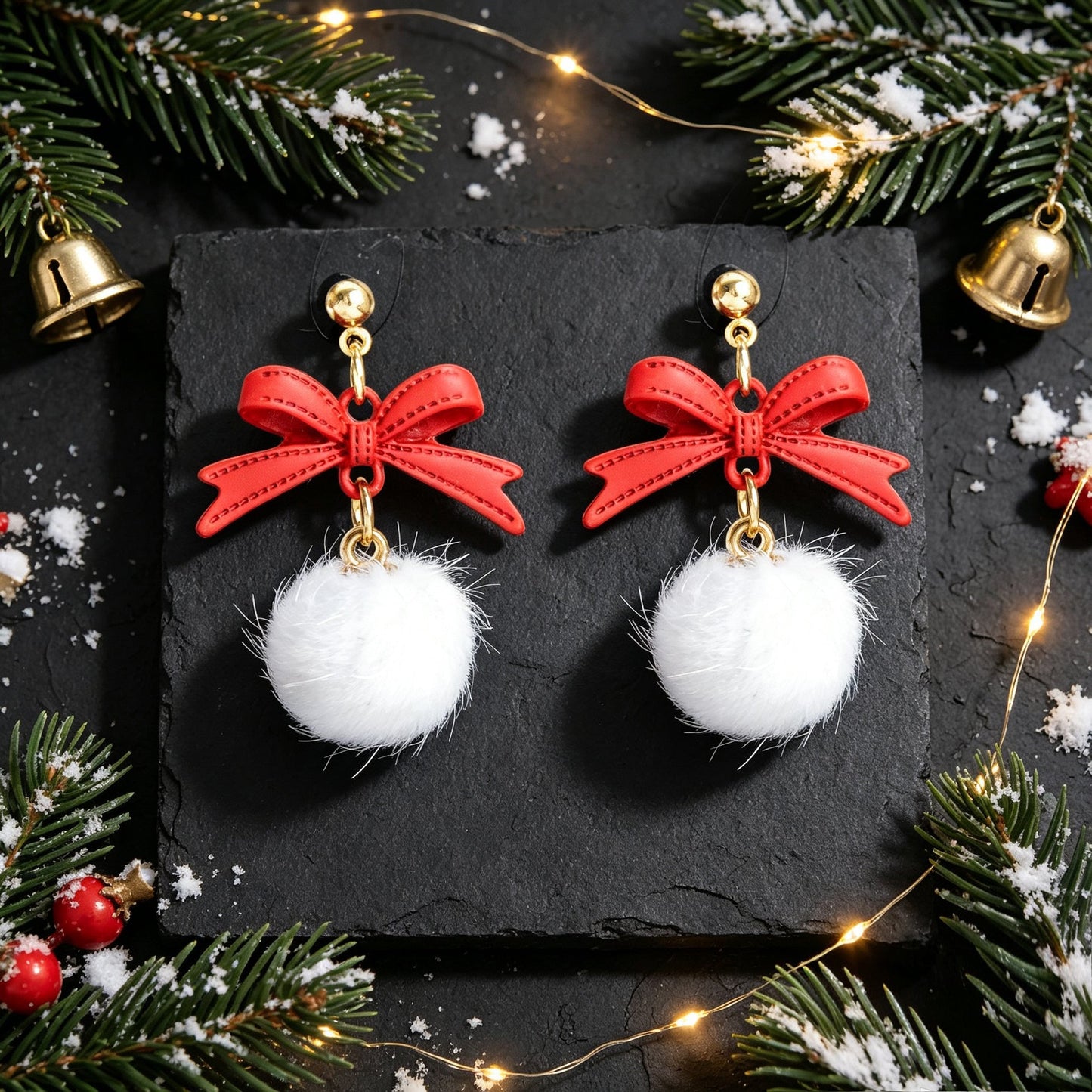 Christmas New Year Red Bow White Furry Ball Earrings Cute Party Jewellery Gift-2