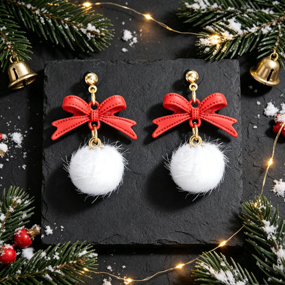 Christmas New Year Red Bow White Furry Ball Earrings Cute Party Jewellery Gift-2