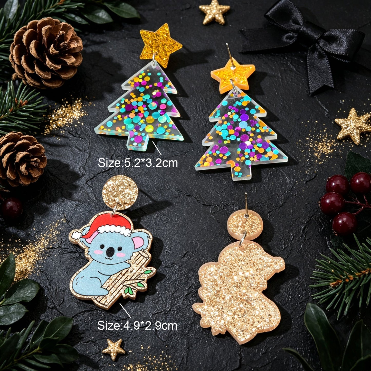 2 pairs Cartoon Christmas Tree Koala Drop Earrings Lovely Holiday Party Jewelry-4
