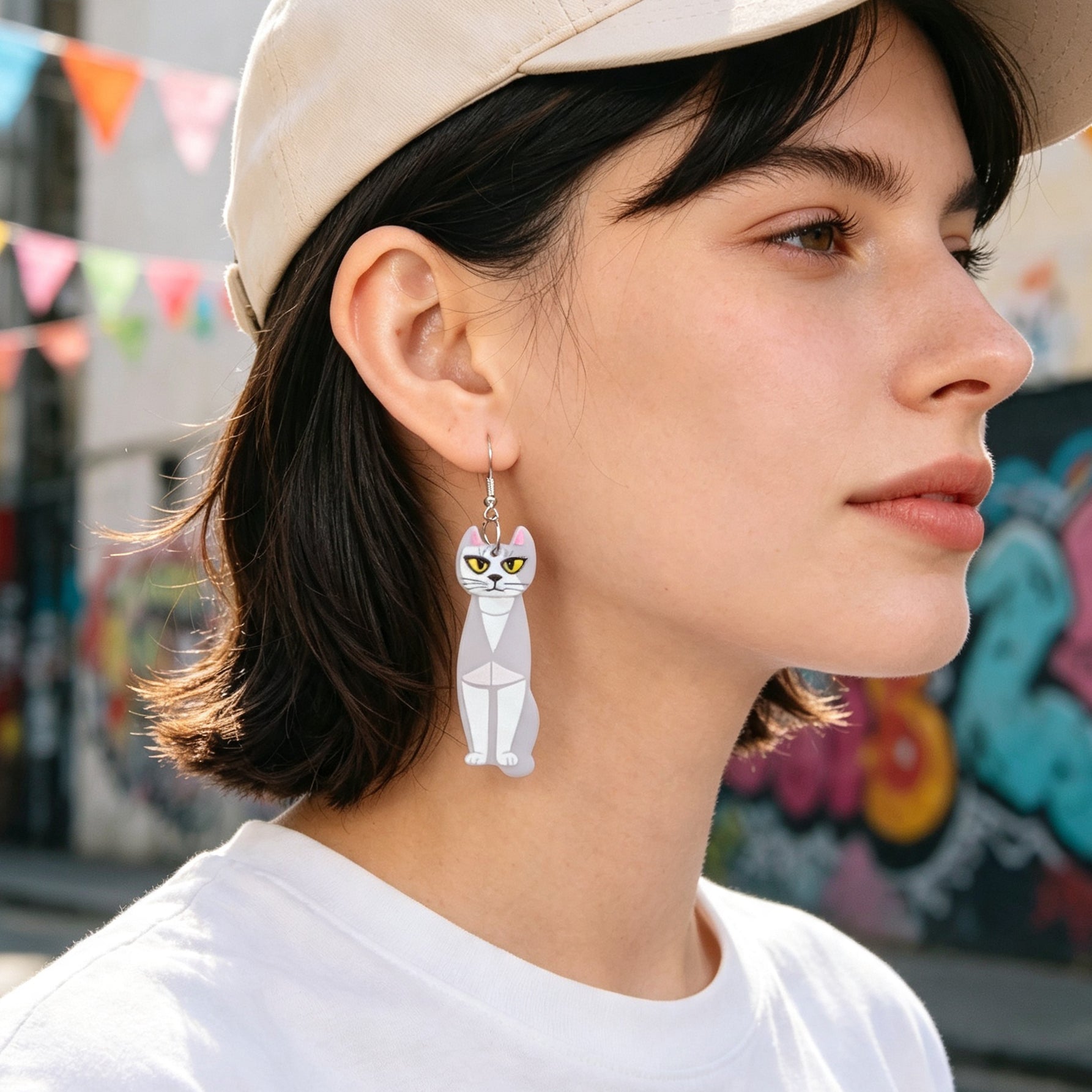 Fun Grey Long Cat  Acrylic Dangle Earrings Cute Pet Animal Element Accessories-0