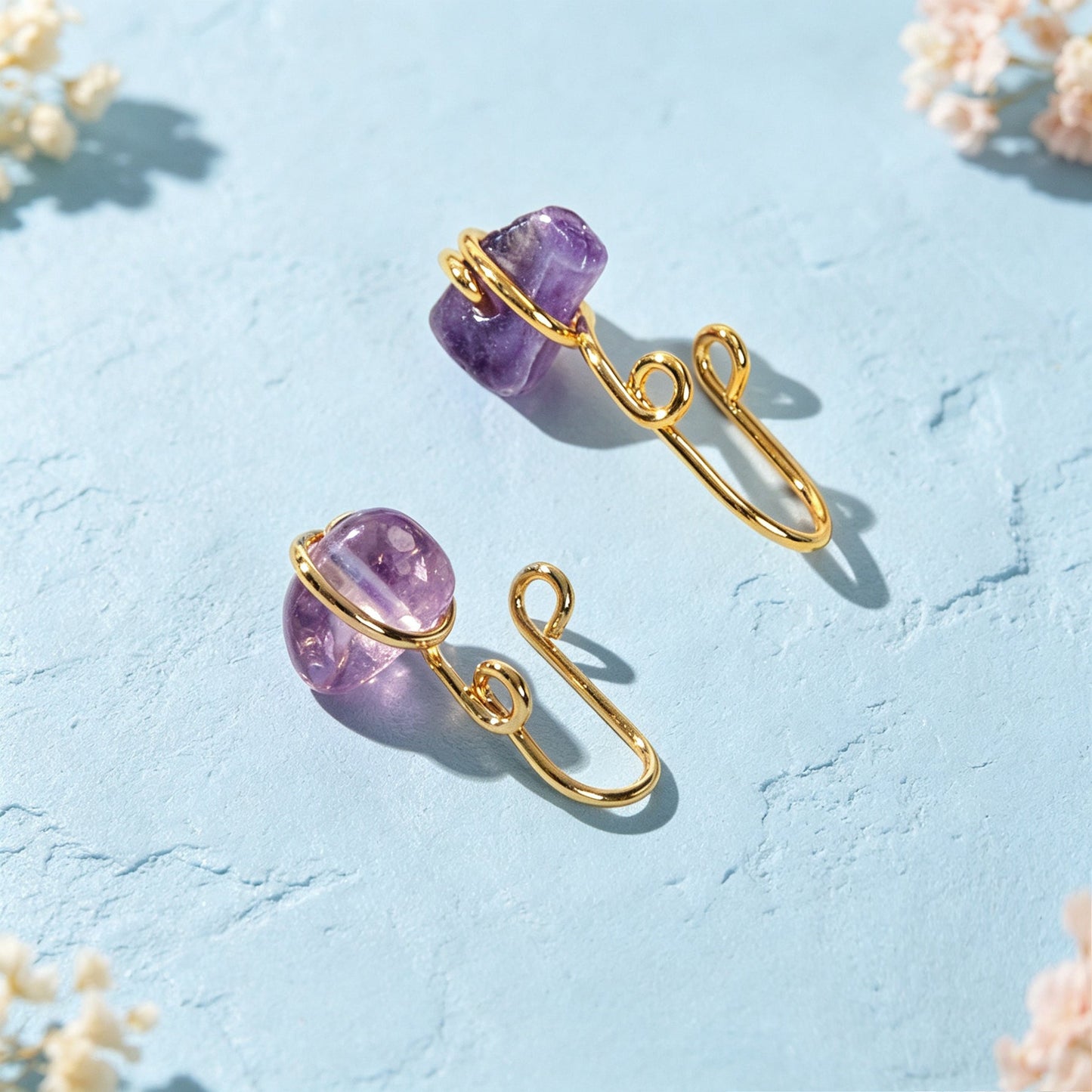 2pcs Gold Ear Cuffs No Piercing Imitate Amethyst Stone Earrings Fashion Jewelry-3