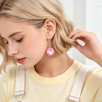 Cute White Cat Hotpink Bottle Cap Dangle Earrings Sweet Jewelry for Daily Party Gift-2
