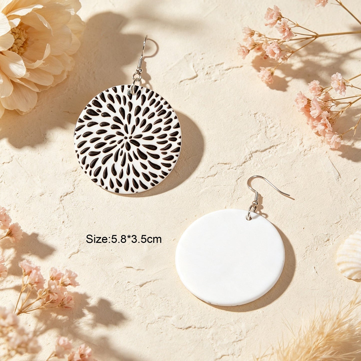 Black White Floral Pattern Lightweight Acrylic Round Geometric Earrings Retro Vacation Jewelry-3