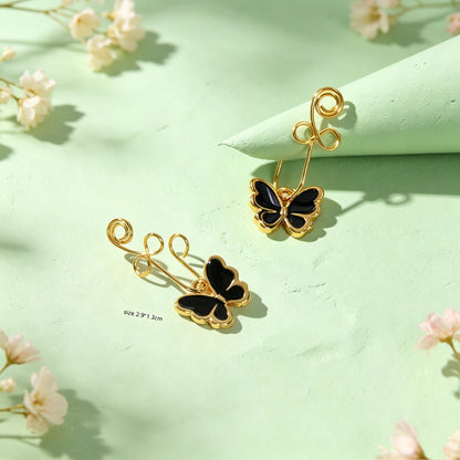 2pcs Vintage Butterfly Ear Cuffs Trendy Black Enamel Gold No Piercing Earrings-3