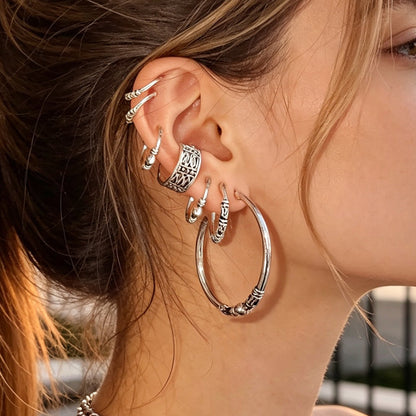 7pcs Vintage Punk Hoop Earrings Antique Silver Street style C‑Shaped Ear Cuff-0