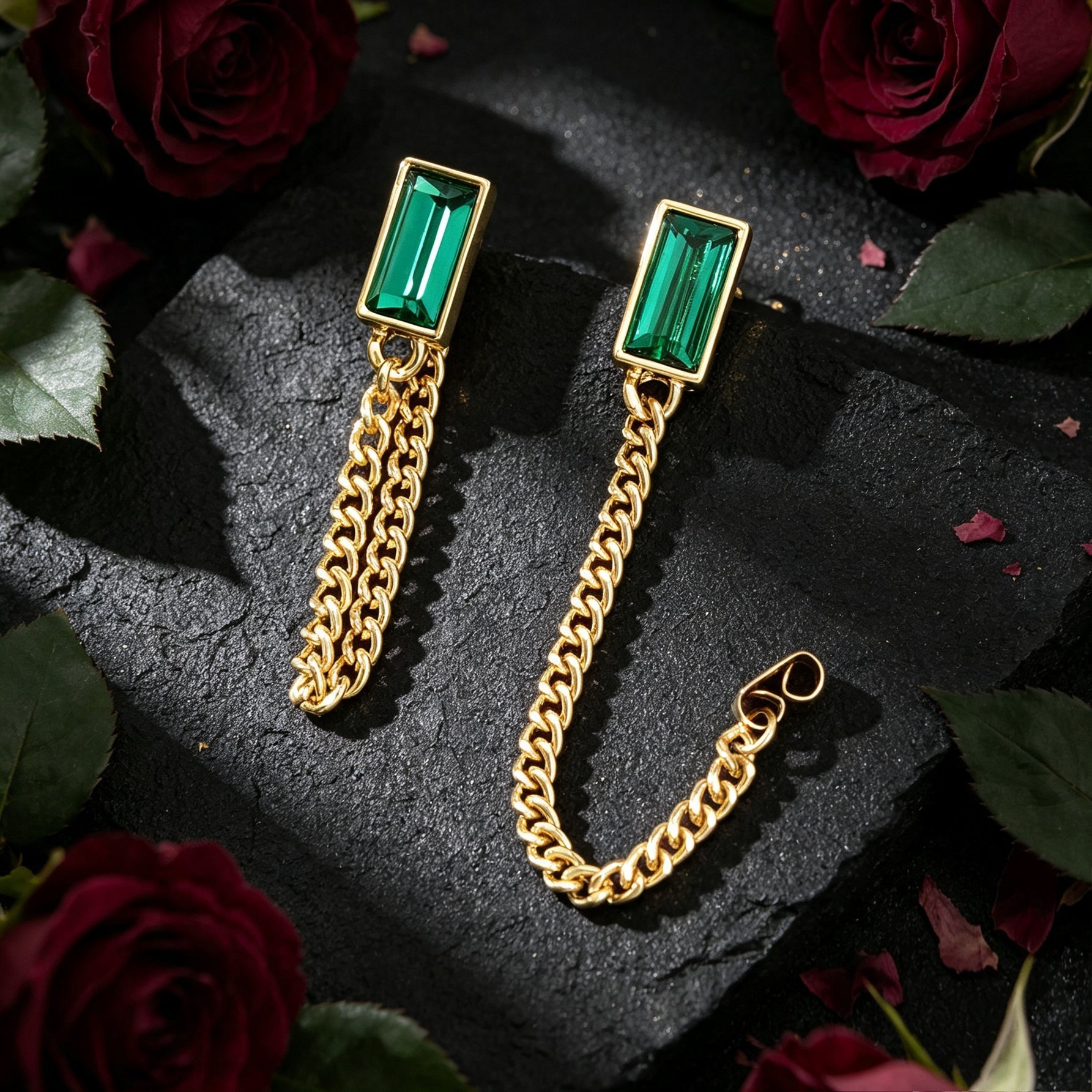 Vintage Green Rectangular Gold Tassel Chain Earrings Elegant Banquet Evening Gathering Accessories-2