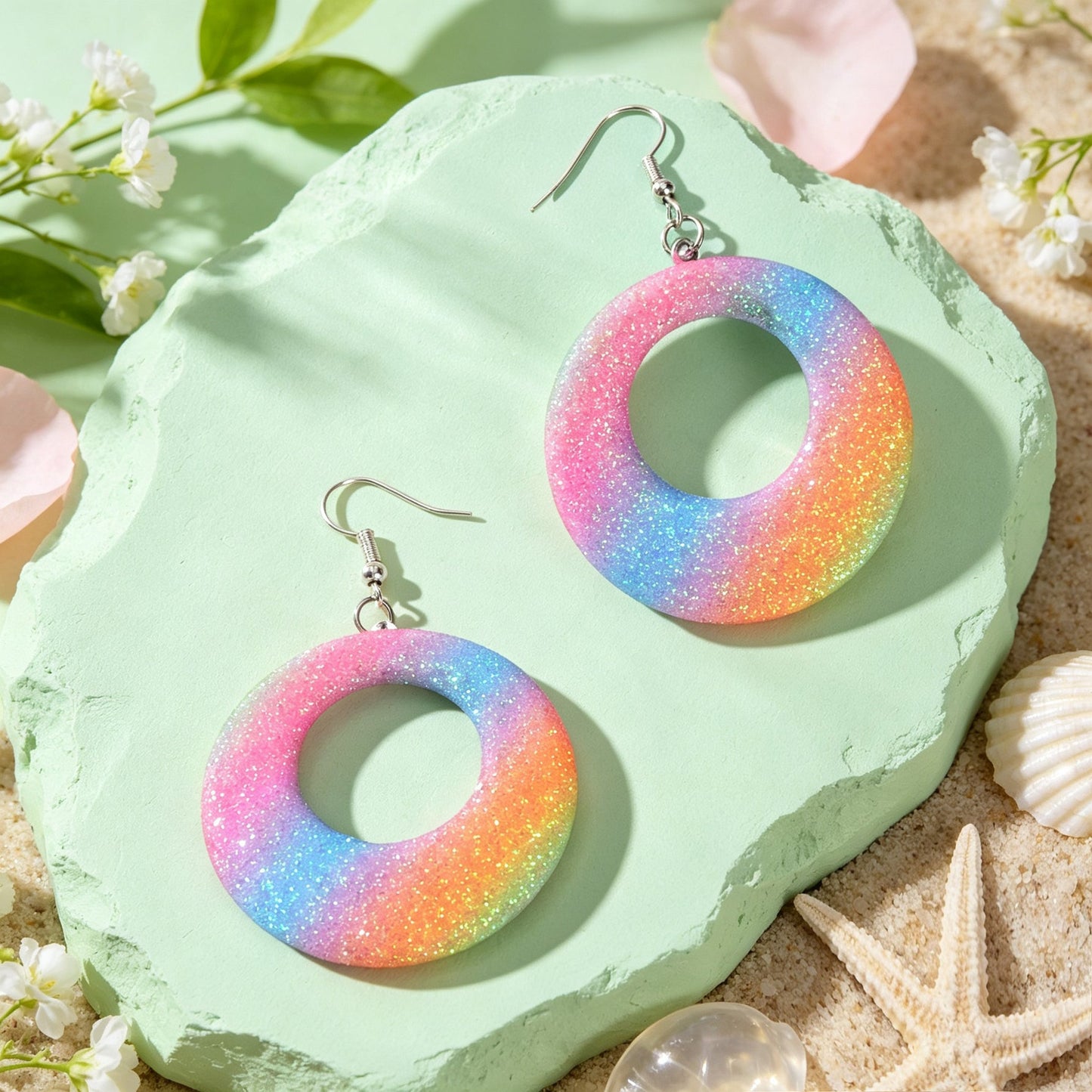 Rainbow Gradient Glitter Hollow Circle Geometric Dangle Earrings Y2K Summer Beach Vacation Party Jewelry-2