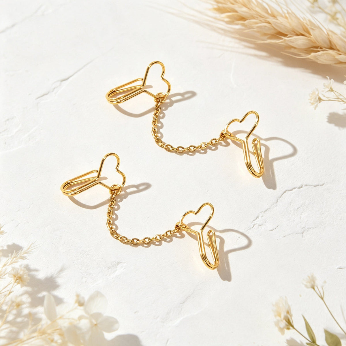 2pcs Heart Chain Linked Ear Cuff Punk Street Gold Non-Pierced Cartilage Ear Clip-2
