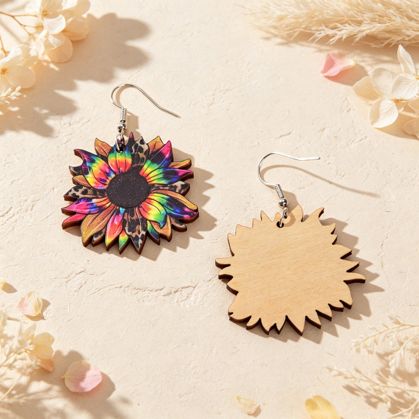 Boho Colorful Sunflower Wooden Dangle Earrings Beach Vacation Party Photoshoot Jewelry-2