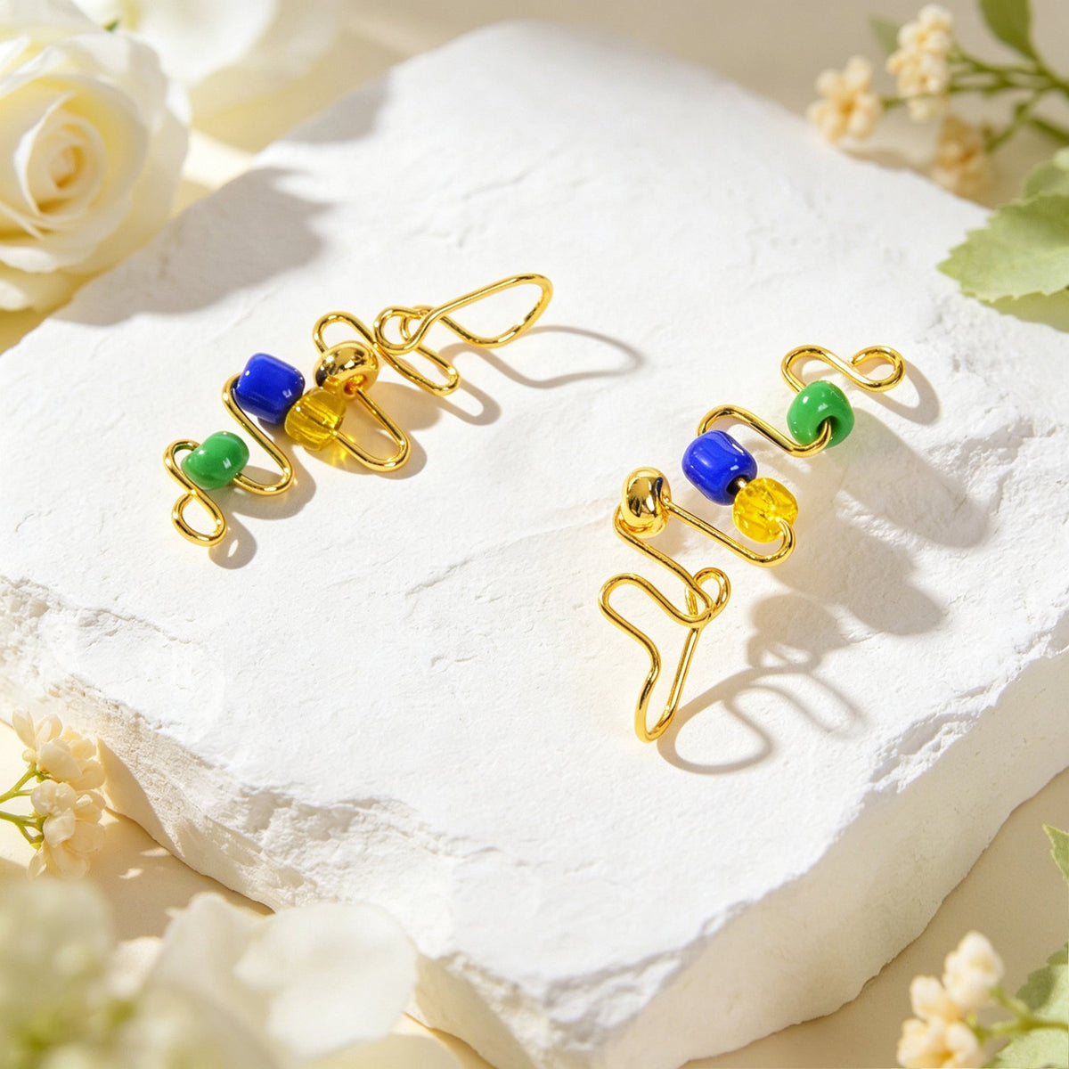 2pcs Wavy Gold Ear Cuff No Piercing Summer Rainbow Bead Ear Wrap Clip On Earring-1