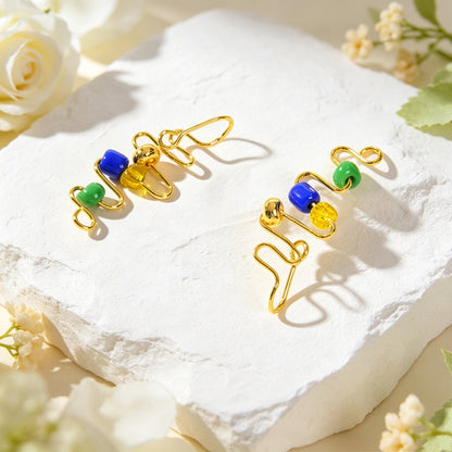 2pcs Wavy Gold Ear Cuff No Piercing Summer Rainbow Bead Ear Wrap Clip On Earring-1