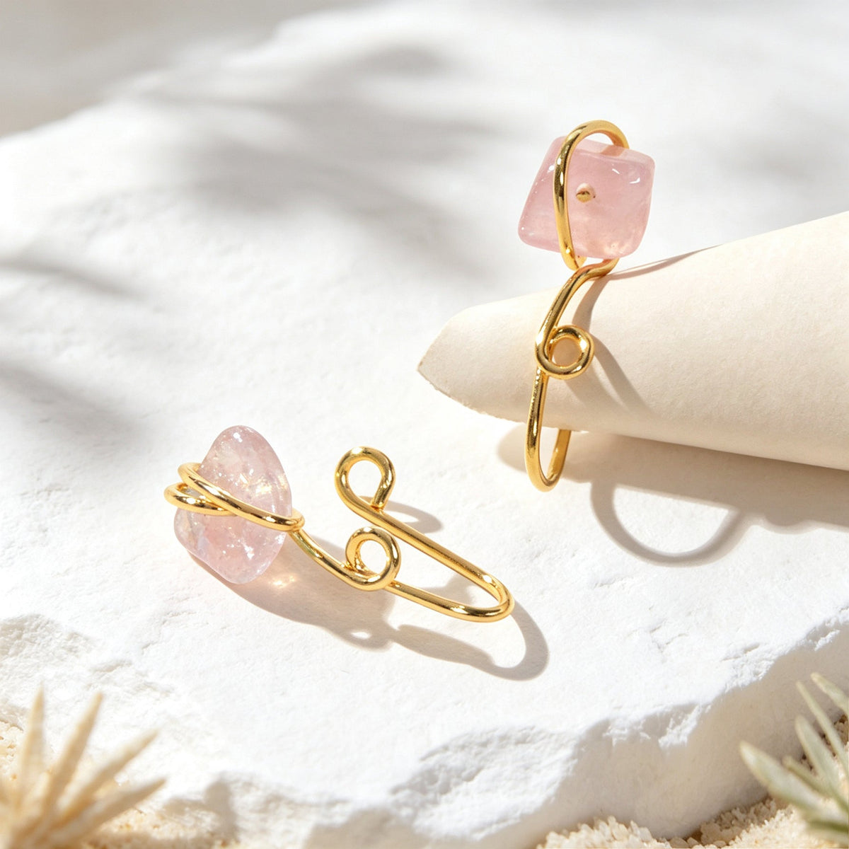 2pcs Boho Pink Stone Clip‑On Ear Cuffs Gold No Piercing Earrings Simple Jewelry-2