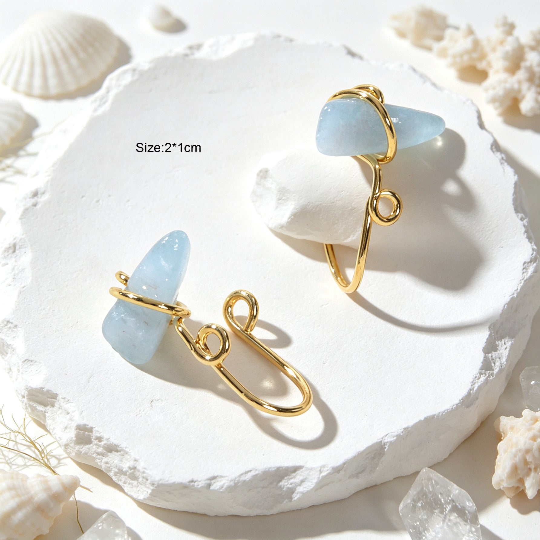 2PCS Gold Ear Cuff Blue Stone Simple Summer Beach Non-Pierced Ear Clip Earrings-2