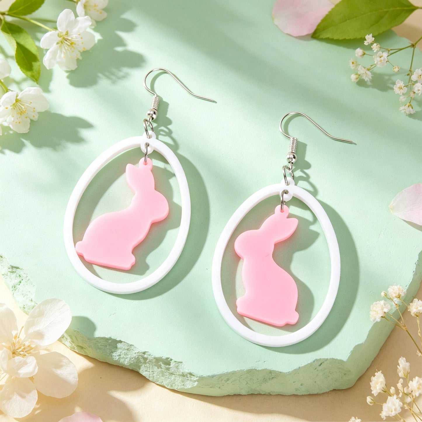 Cute Pink Rabbit Acrylic Dangle Earrings White Oval Frame Easter Beach Sweet Accessories-1
