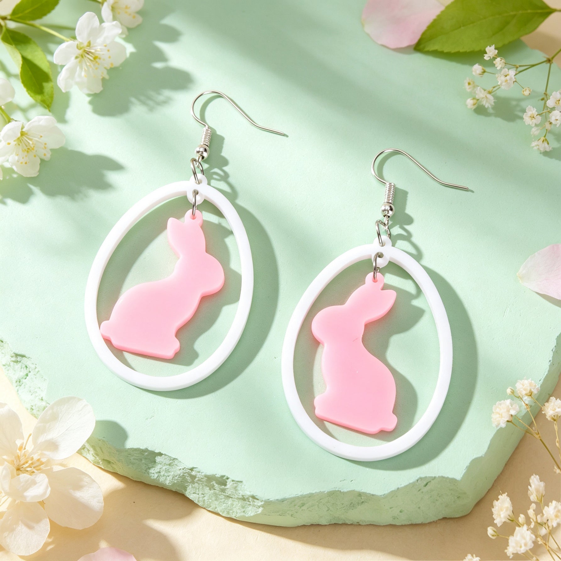 Cute Pink Rabbit Acrylic Dangle Earrings White Oval Frame Easter Beach Sweet Accessories-1
