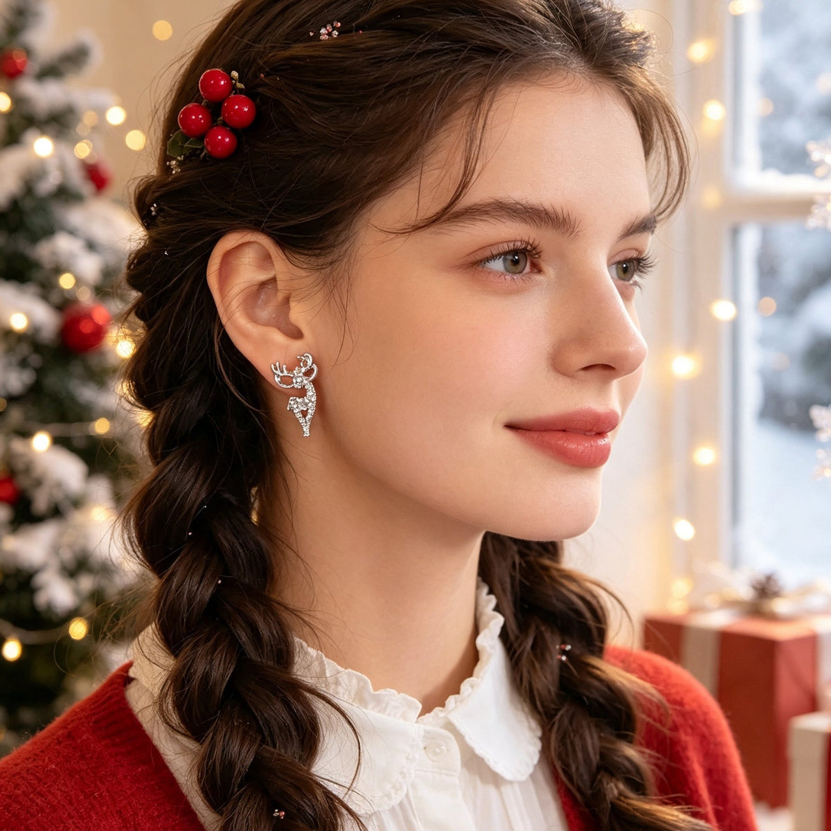 Sparkling Rhinestone Silver Reindeer Stud Earring Christmas Xmas Fashion Jewelry-2