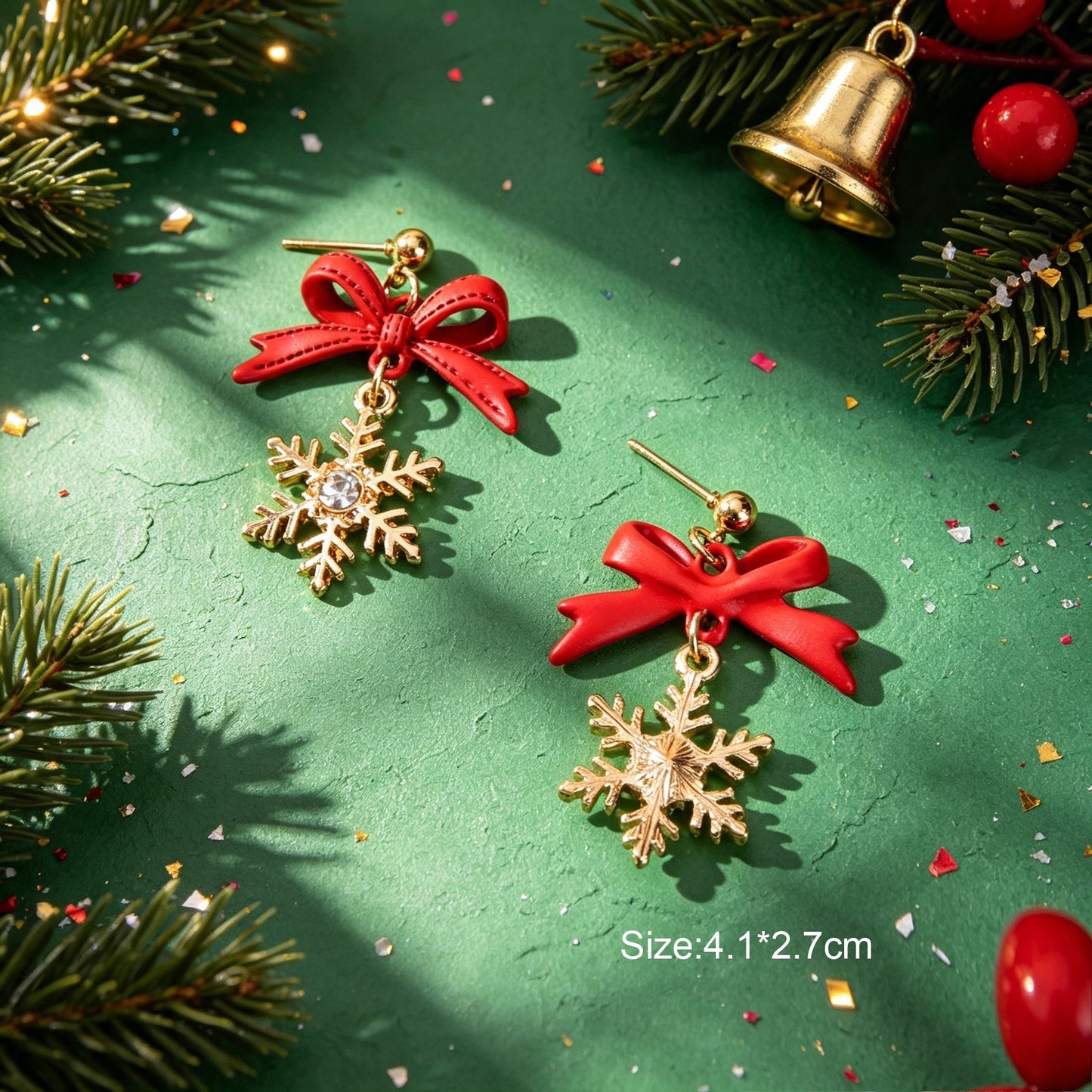 Christmas Sweet Red Bow Gold Snowflake Dangle Earring Xmas Holiday Party Jewelry-3