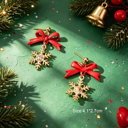 Christmas Sweet Red Bow Gold Snowflake Dangle Earring Xmas Holiday Party Jewelry-3