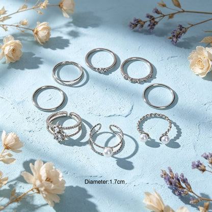 8pcs Stackable Rings Set Elegant Silver Pearl Crystal Fashion Statement Jewelry-3