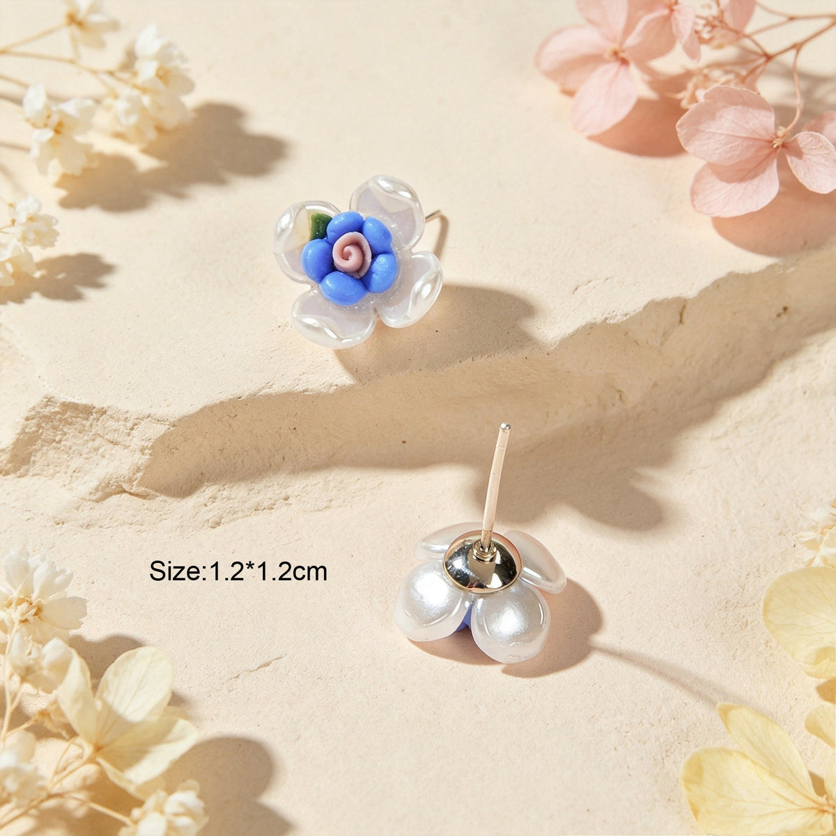 Cute Small Flower Stud Earrings White Blue Resin Petal Design Romantic Daily Dating Jewelry-3