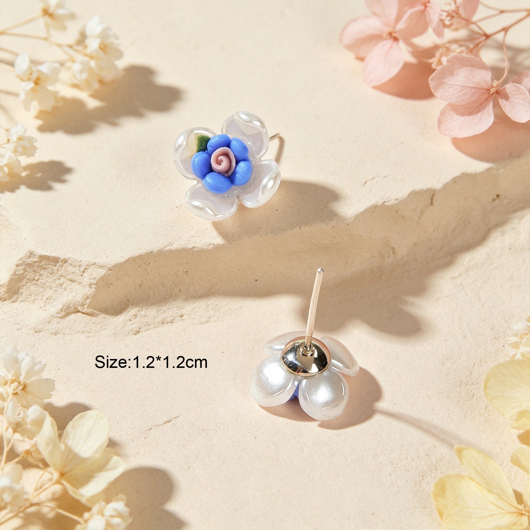 Cute Small Flower Stud Earrings White Blue Resin Petal Design Romantic Daily Dating Jewelry-3