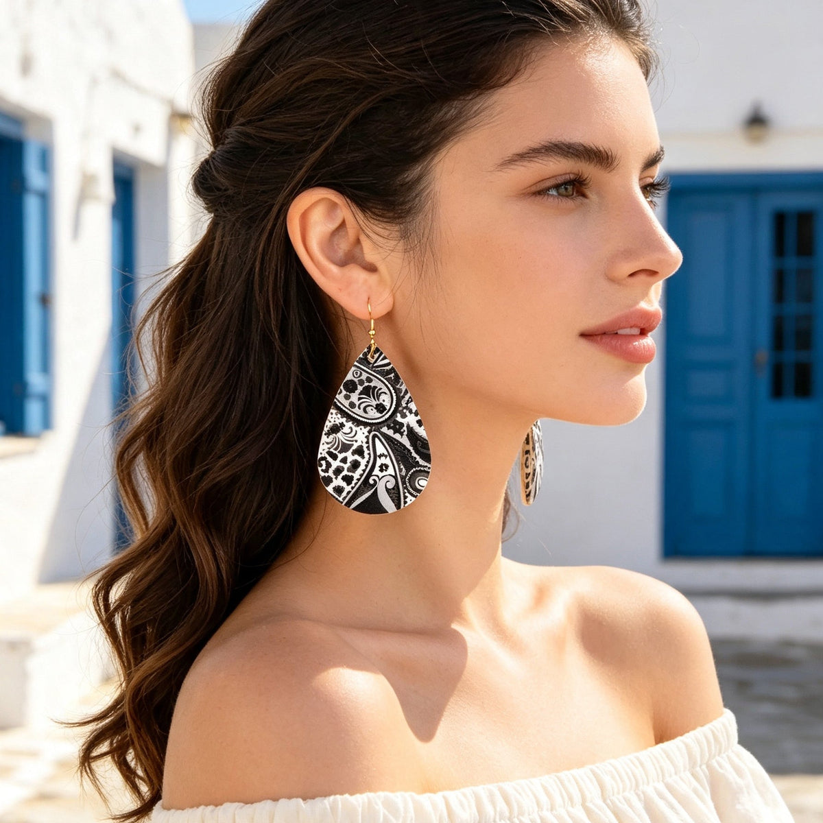 Boho Black White Paisley Pattern Water Drop PU Leather Dangle Earrings Beach Vacation Jewelry-2