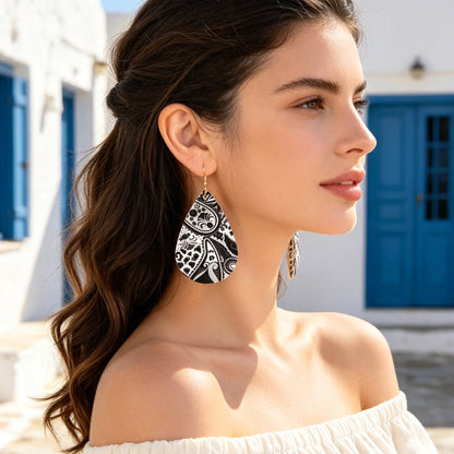 Boho Black White Paisley Pattern Water Drop PU Leather Dangle Earrings Beach Vacation Jewelry-2