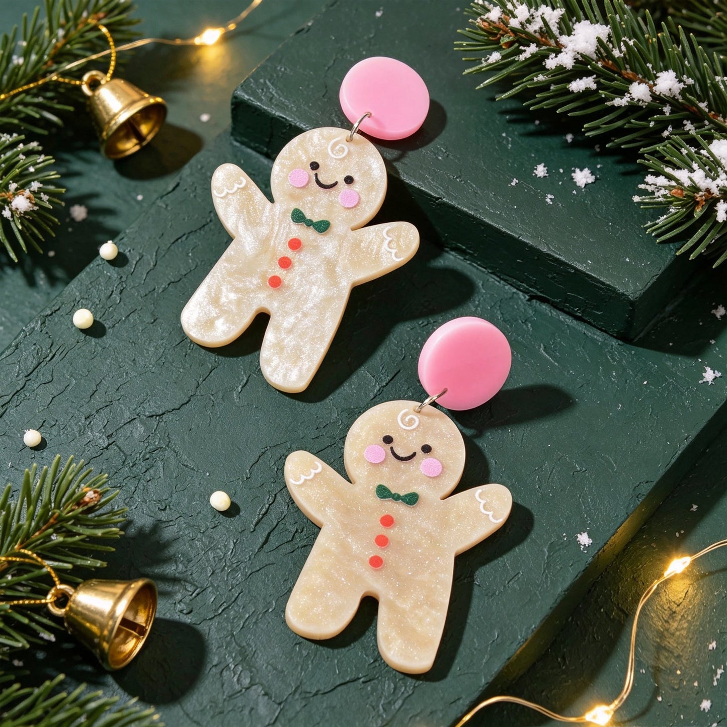 Cream Glitter Gingerbread Man Christmas Drop Earrings Festive Party Jewelry Gift-2