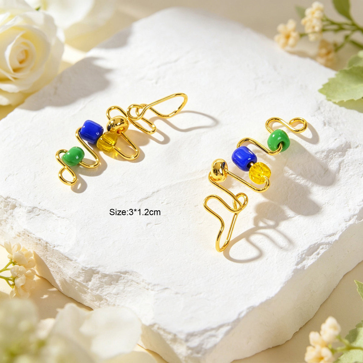 2pcs Wavy Gold Ear Cuff No Piercing Summer Rainbow Bead Ear Wrap Clip On Earring-2