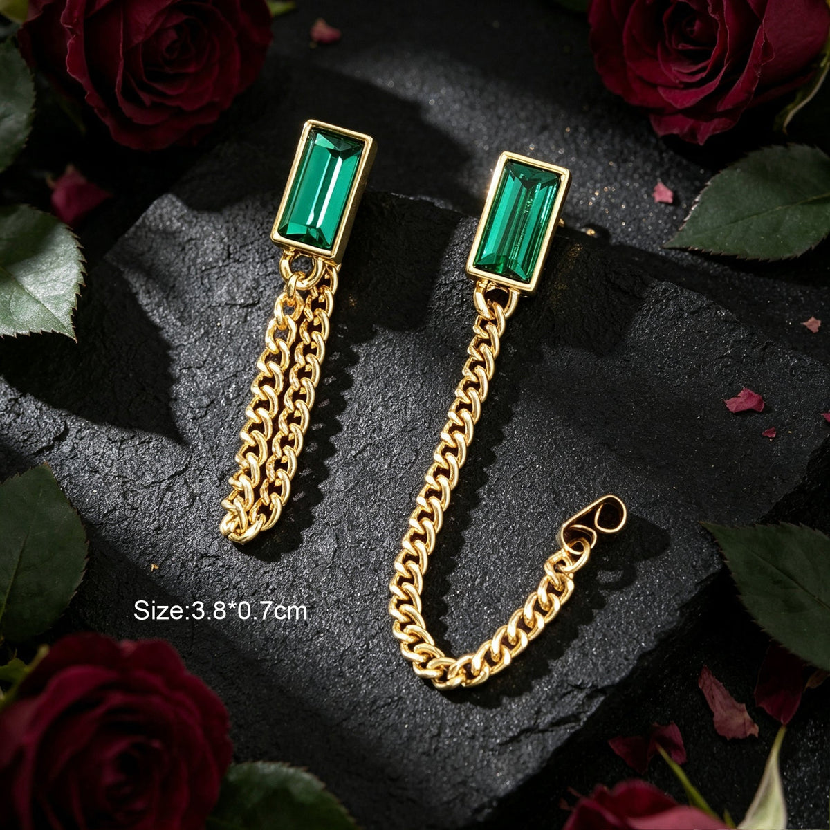 Vintage Green Rectangular Gold Tassel Chain Earrings Elegant Banquet Evening Gathering Accessories-3