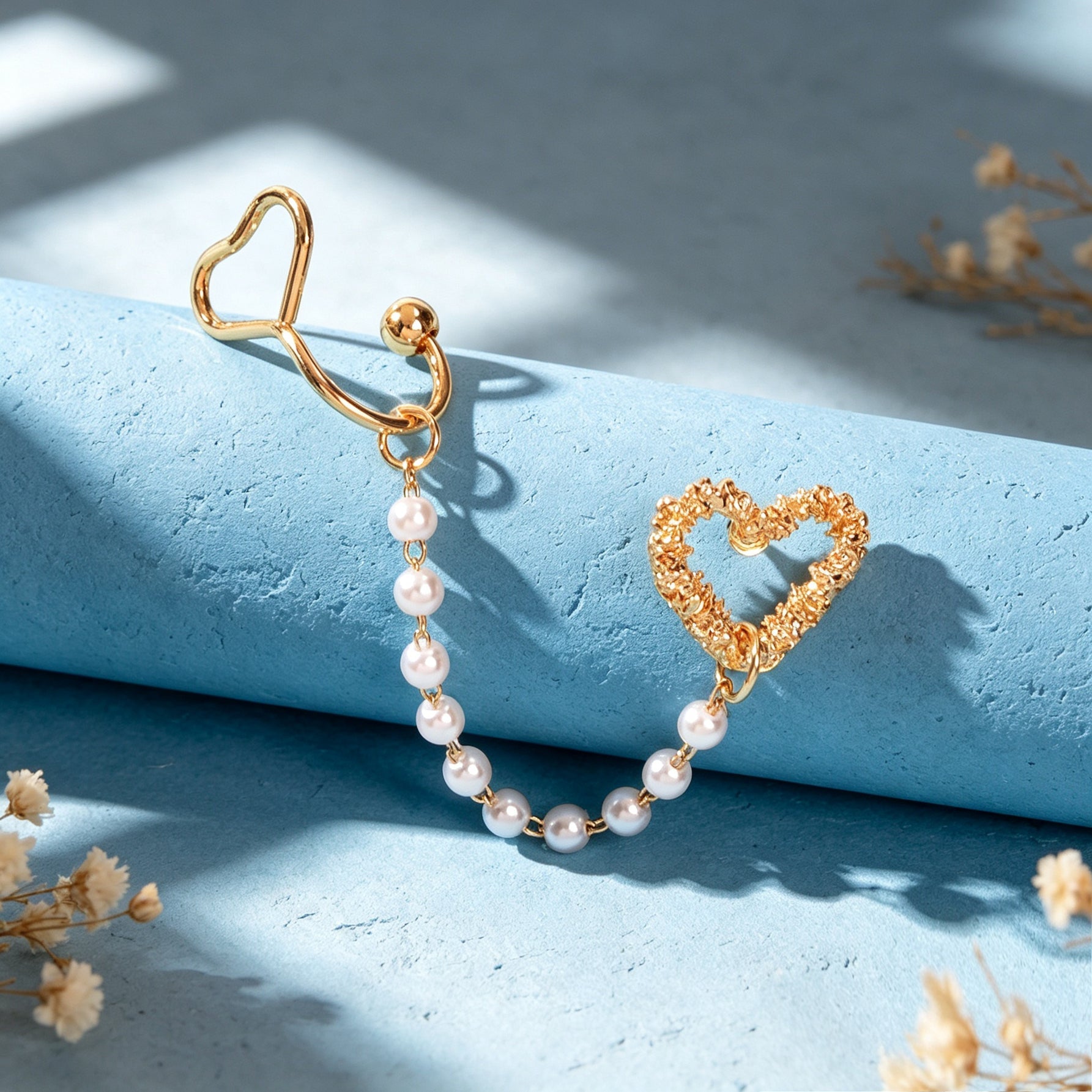 1 pc Gold Heart Imitation Pearl Chain Ear Cuff Climber Earring Romantic Dating Jewelry Festival Gift-2
