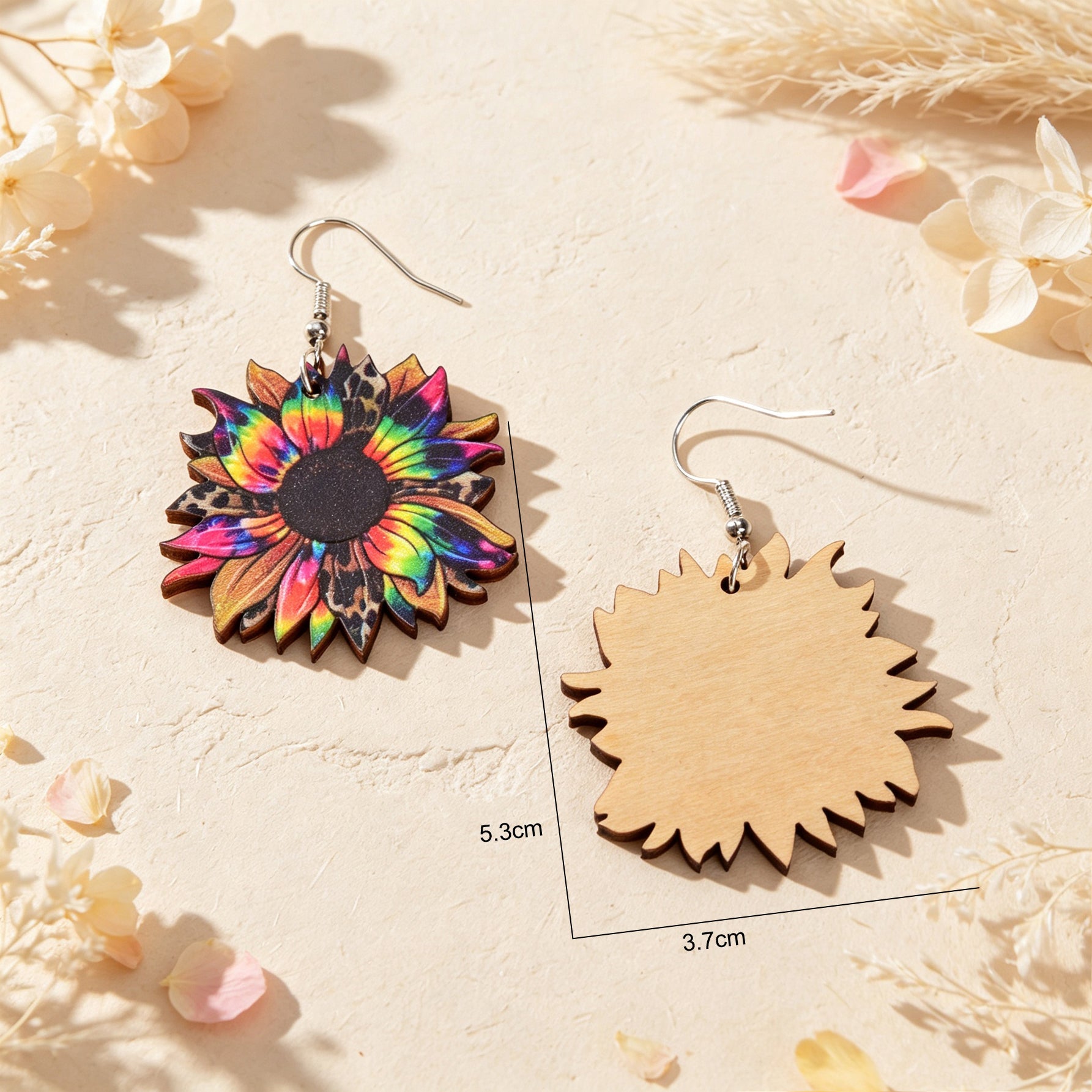 Boho Colorful Sunflower Wooden Dangle Earrings Beach Vacation Party Photoshoot Jewelry-3