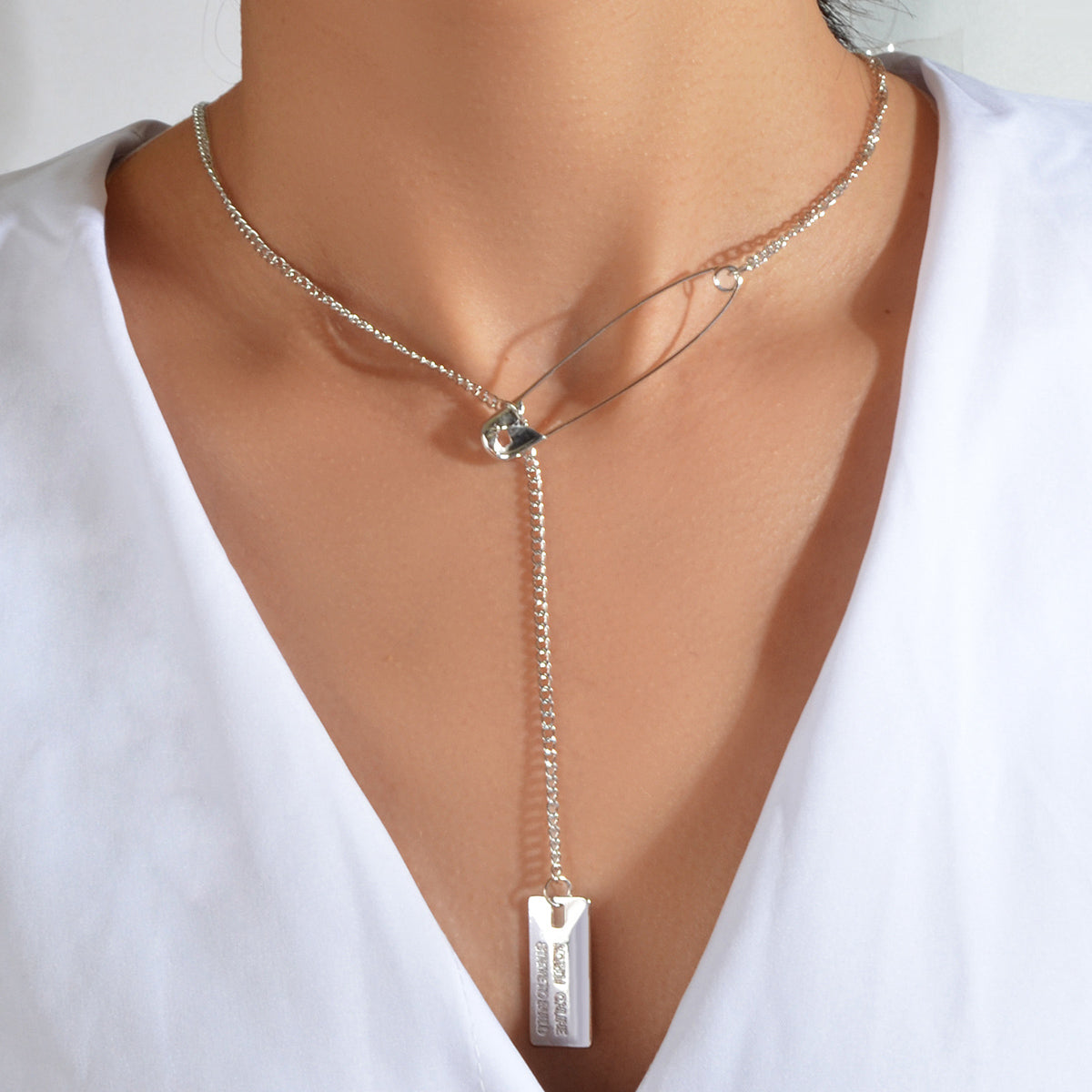 Punk Hip Hop Goth Style Gold Silver Chain Pin Square Pendant Y Lariat Necklace-0