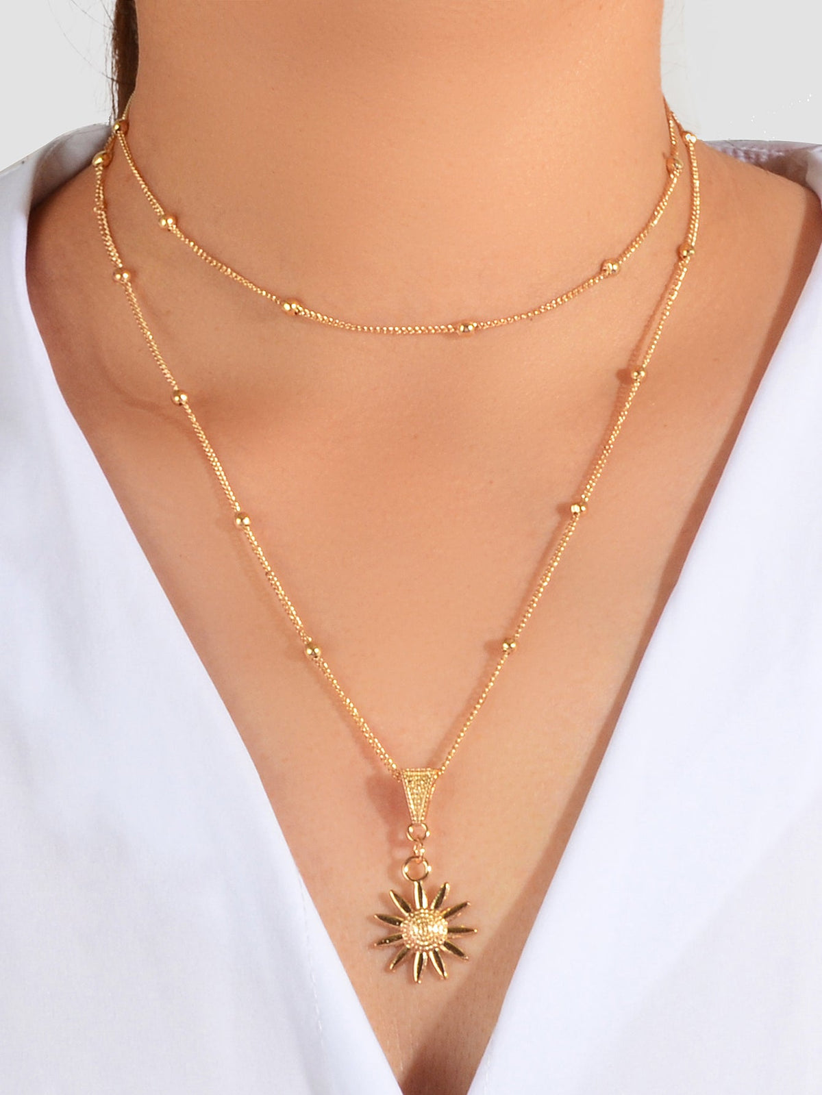Unique Trendy Jewellery Double layer Gold Silver Chain Flower Collar Necklace-4