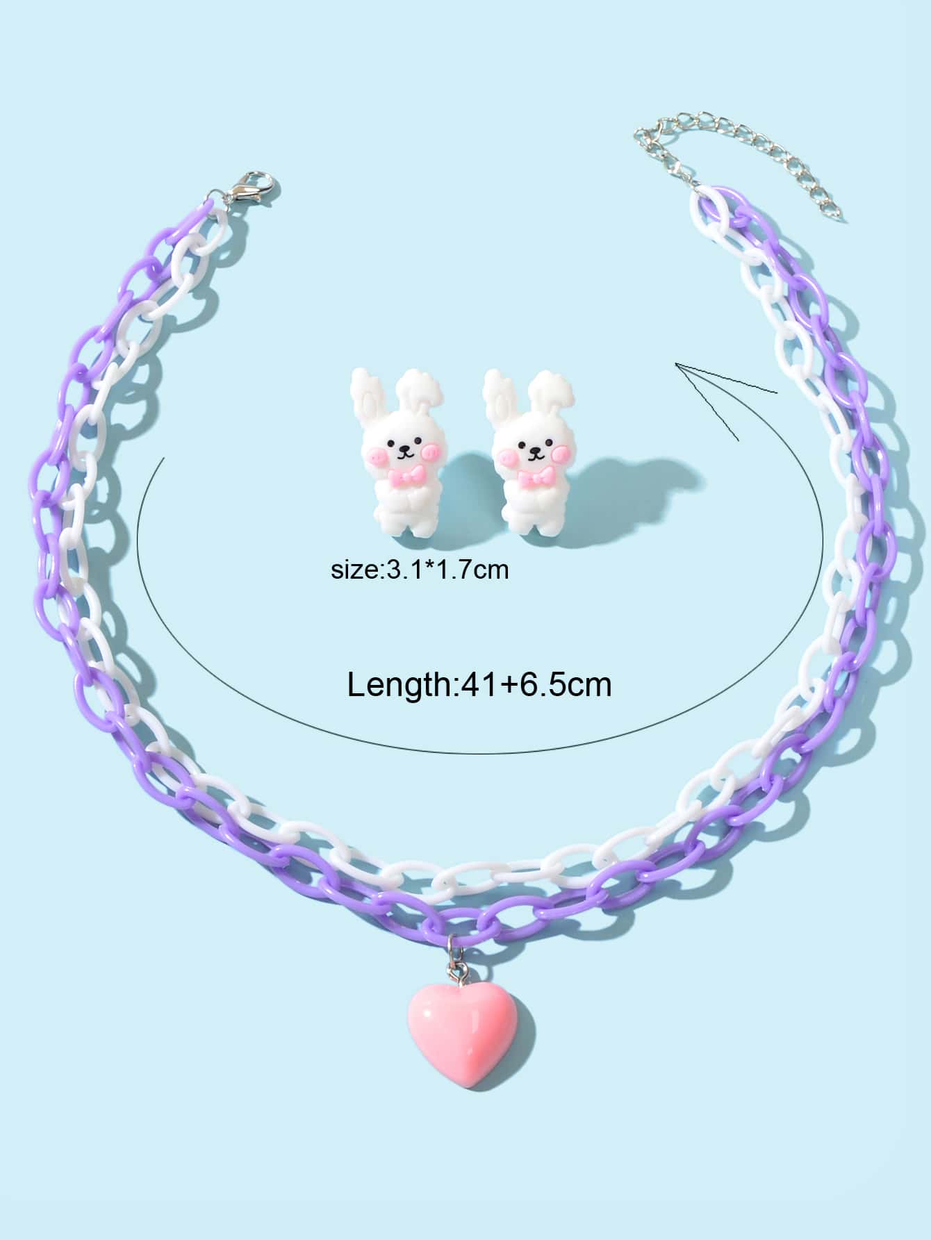 Colorful Resin Chain Heart Pendant Necklace & Bunny Earrings Easter Jewelry Set-1