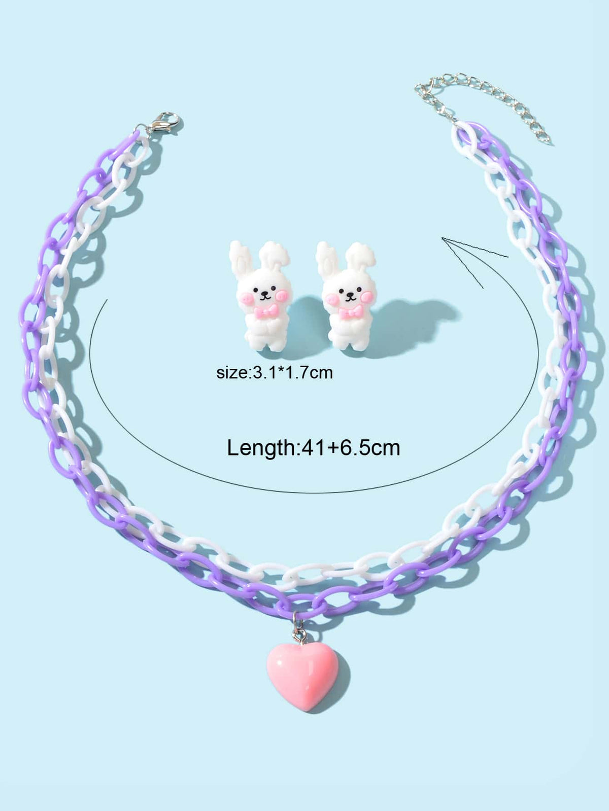 Colorful Resin Chain Heart Pendant Necklace & Bunny Earrings Easter Jewelry Set-1