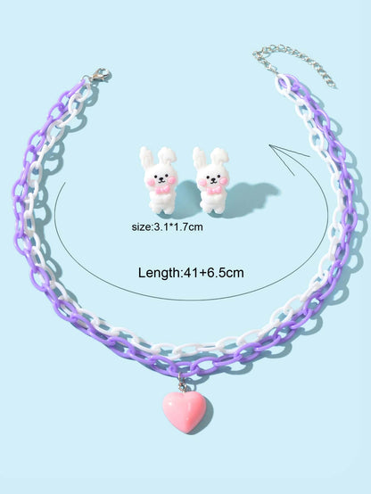 Colorful Resin Chain Heart Pendant Necklace & Bunny Earrings Easter Jewelry Set-1