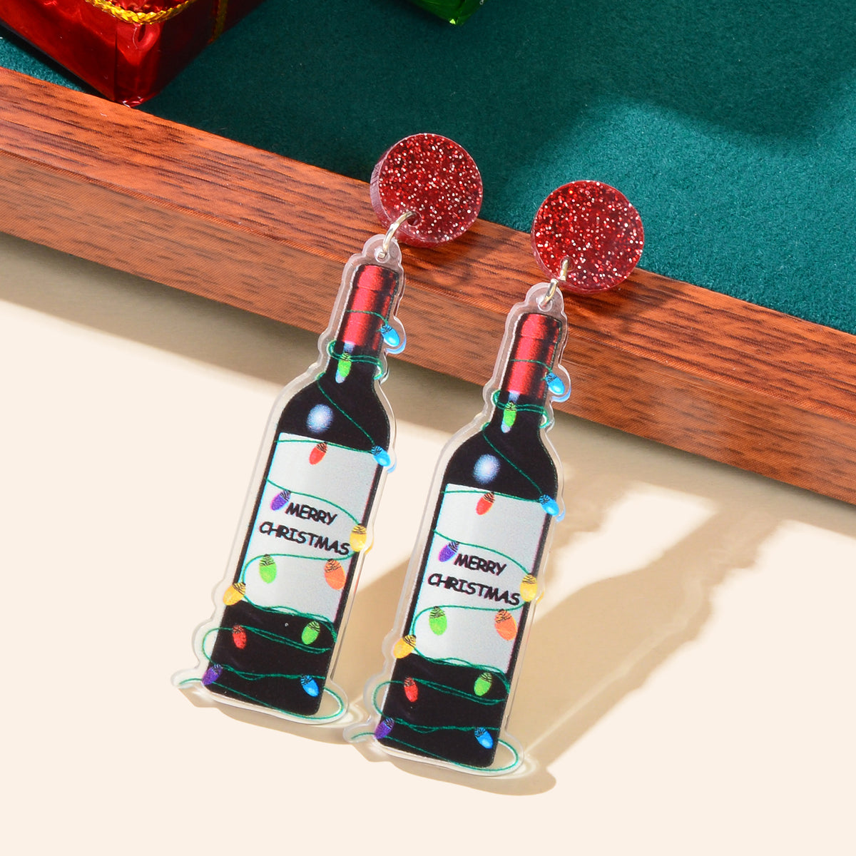 Merry Christmas Festival Jewelry Acrylic Light String Twine Wine Bottle Earrings-0