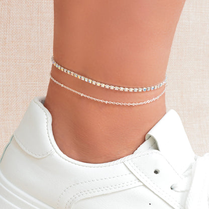 Summer Rhinestone Decor Double Layer Silver Chain Anklet Beach Foot Jewellery-0