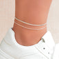 Summer Rhinestone Decor Double Layer Silver Chain Anklet Beach Foot Jewellery-0
