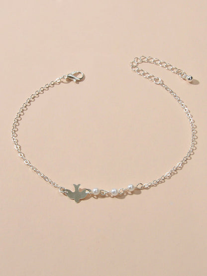 Silver Colour Chain Pearl Decor Bird Bracelet Girls Teens Minimalist Jewellery-0
