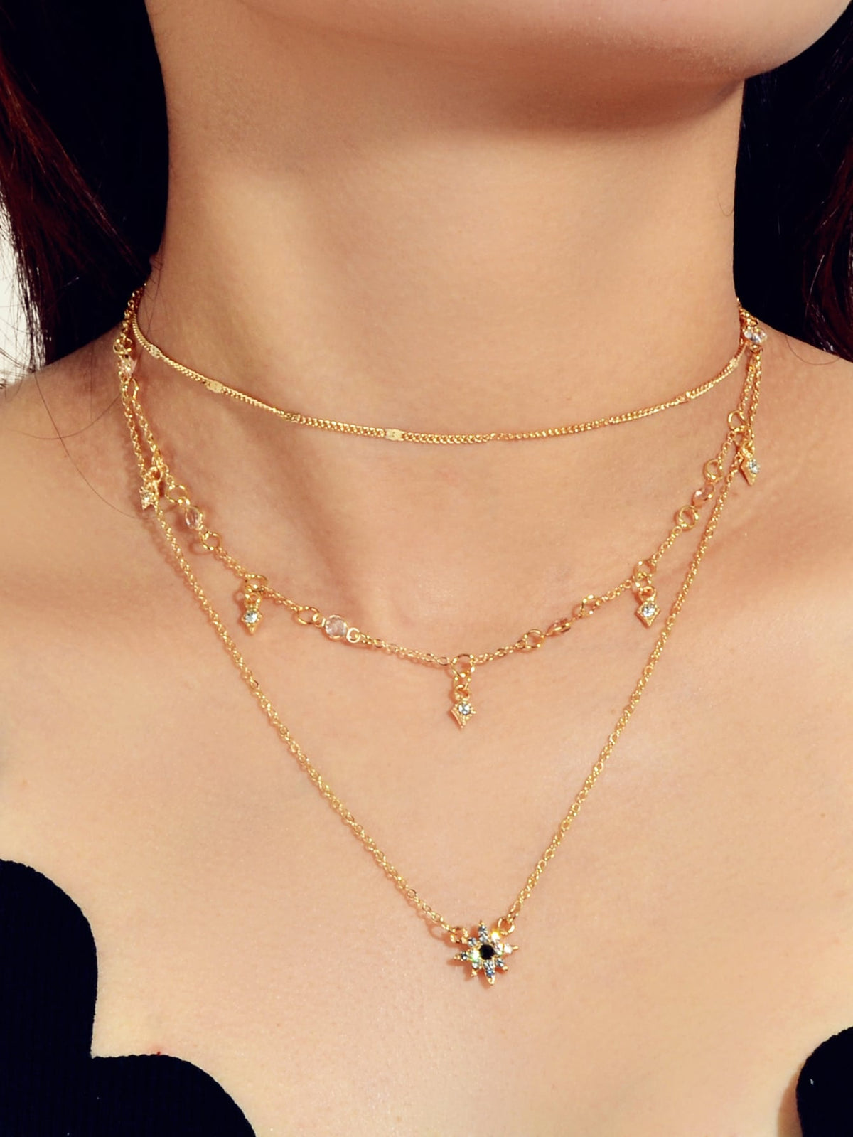 Awesome Teens Jewellery Gift Gold Layered Chain Rhinestone Flower Charm Necklace-0