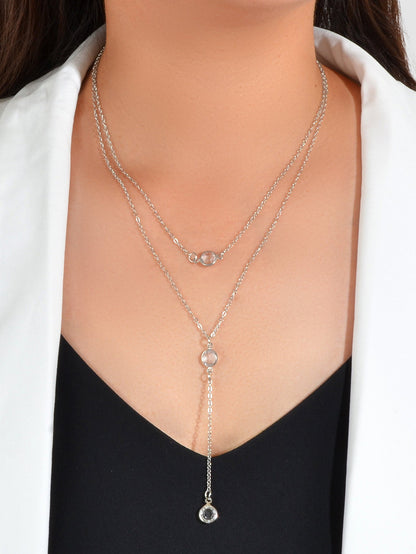 Female Gold Silver Chain Double Layered Necklace Long Chain Dangle Y Necklace-4