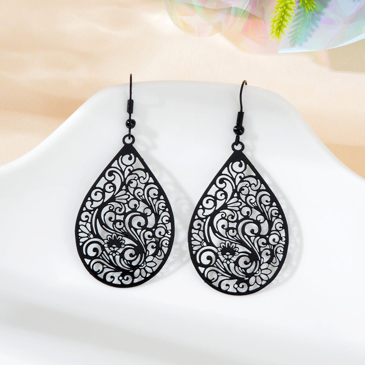 Retro Hollow Black Flower Pattern Water Drop Earrings Party Daily Prom Jewelry-3
