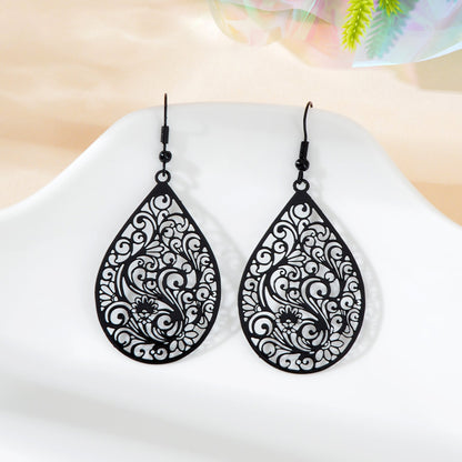Retro Hollow Black Flower Pattern Water Drop Earrings Party Daily Prom Jewelry-3